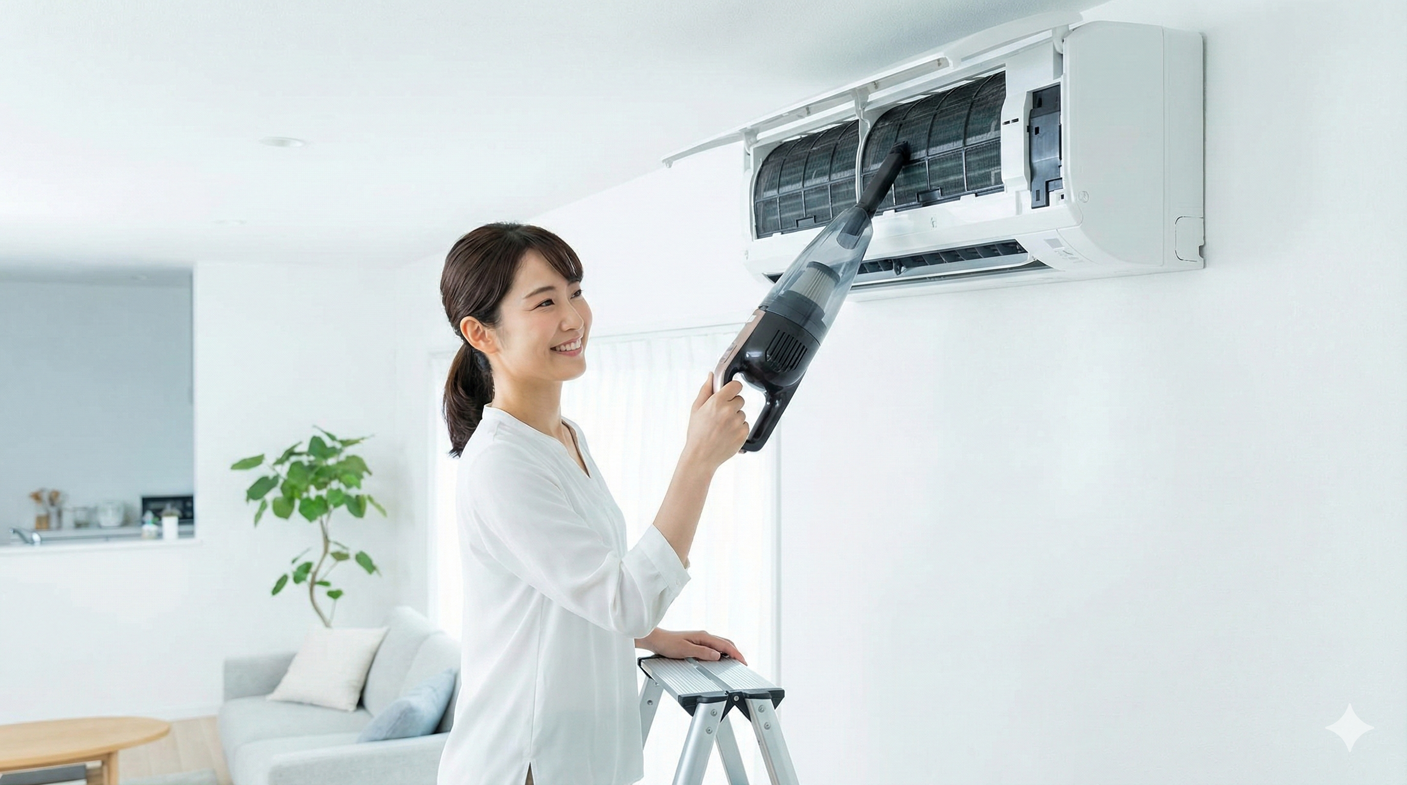 壁掛けエアコンのフィルター掃除を自分で行う様子。全館空調のダクト清掃とは異なり、メンテナンスが容易で衛生的であることを表現。
