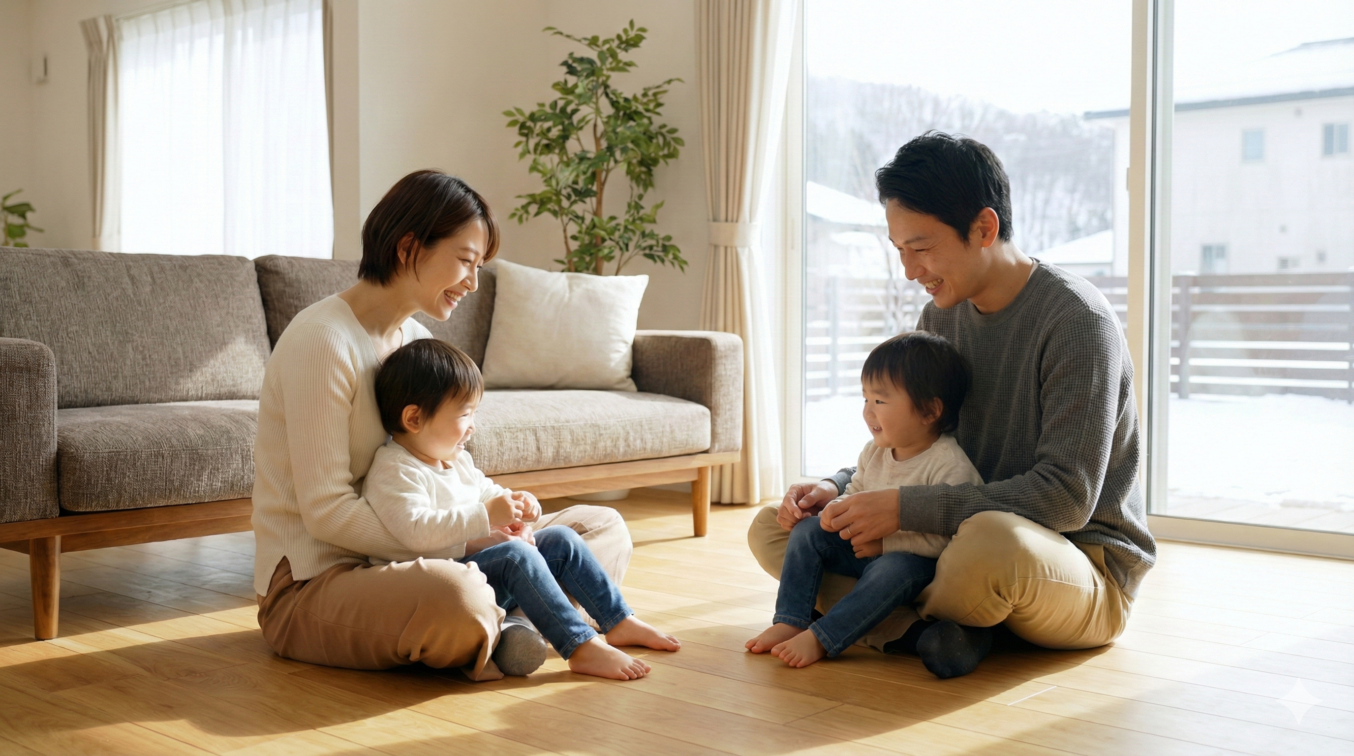 積水ハウスの床暖房を採用し、冬でも直に床に座って家族団欒を楽しむ暖かく快適なリビングの様子。