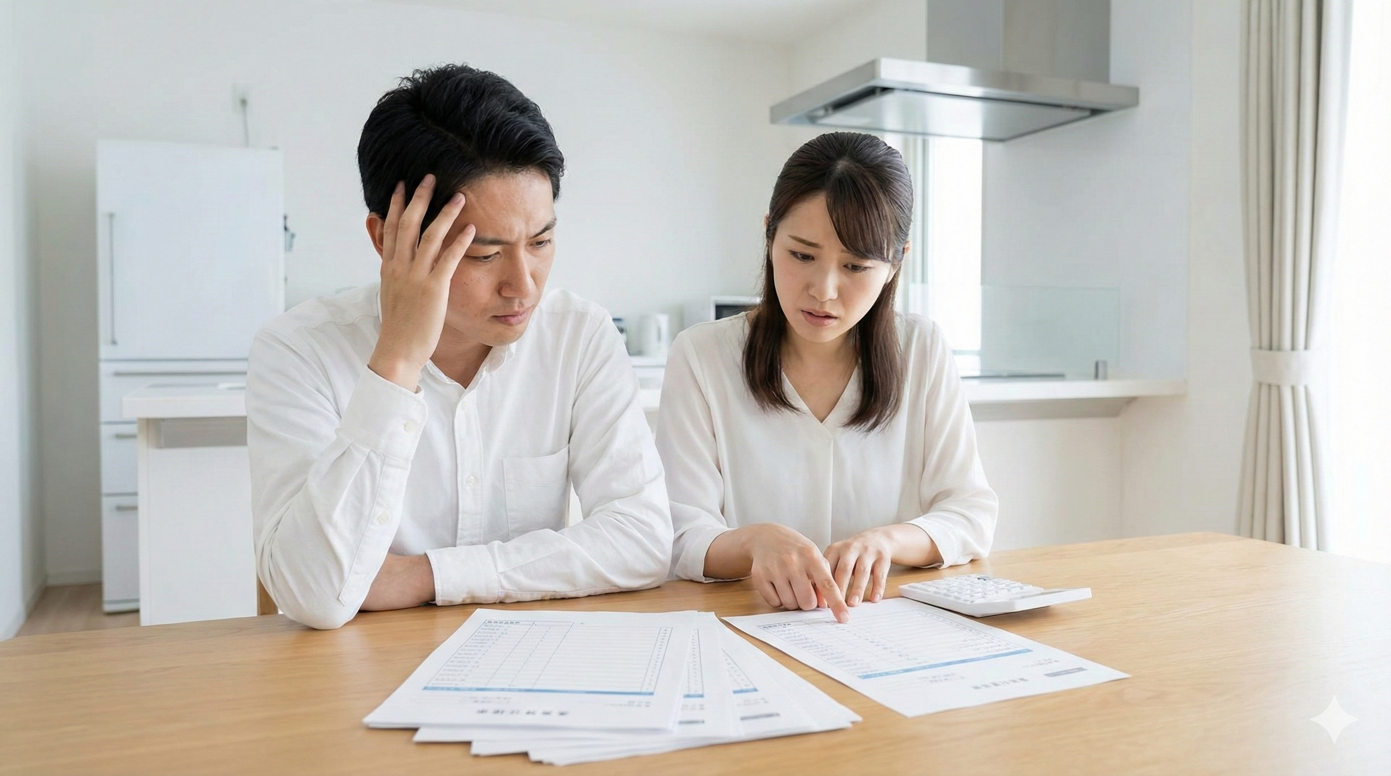住宅の建築見積書と電卓を見ながら、全館空調の導入費用やランニングコストの高さを懸念する施主夫婦