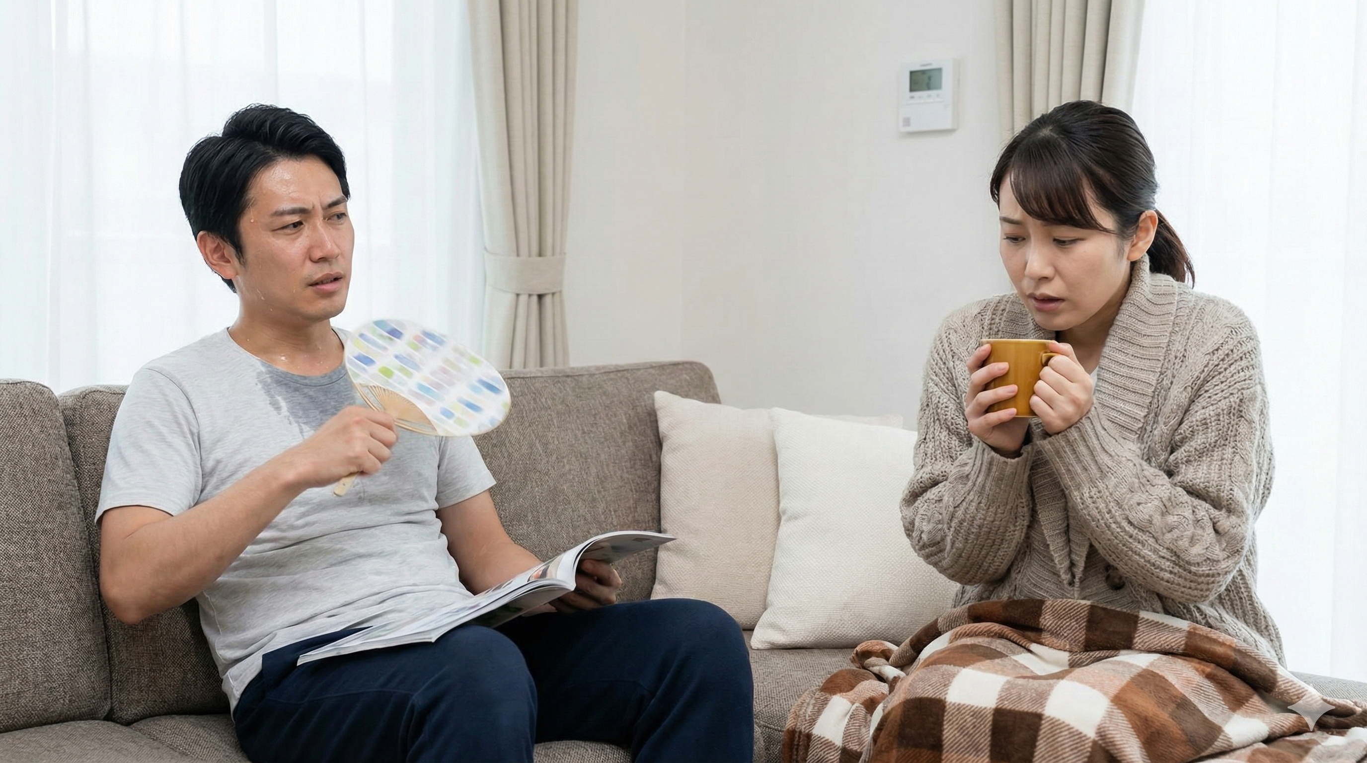  全館空調のデメリットである家族間の体感温度差。暑がりの夫と寒がりの妻が同じリビングで快適に過ごせない様子。