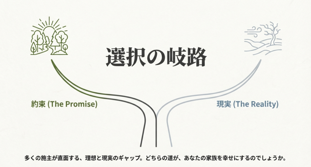 画像タイトル: スマートイクス導入の選択_理想と現実

代替テキスト: 積水ハウスのスマートイクス導入における「森の空気という約束」と「寒くて乾燥するという現実」の分岐点を示すイメージ図。