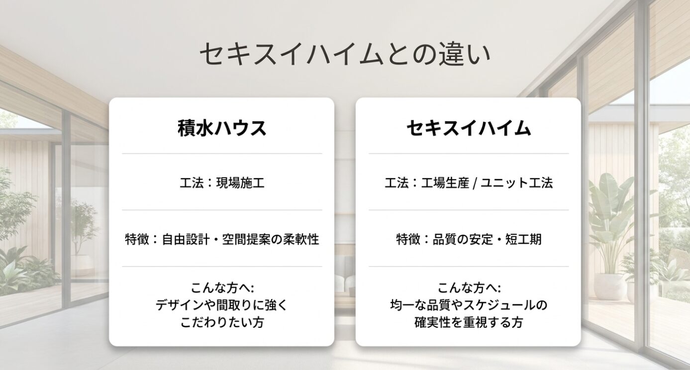 画像タイトル: 積水ハウスとセキスイハイムの工法・特徴・向いている人の違い 代替テキスト: 積水ハウスは現場施工と自由設計、セキスイハイムは工場生産とユニット工法を特徴とし、それぞれ向いている人を比較したスライド