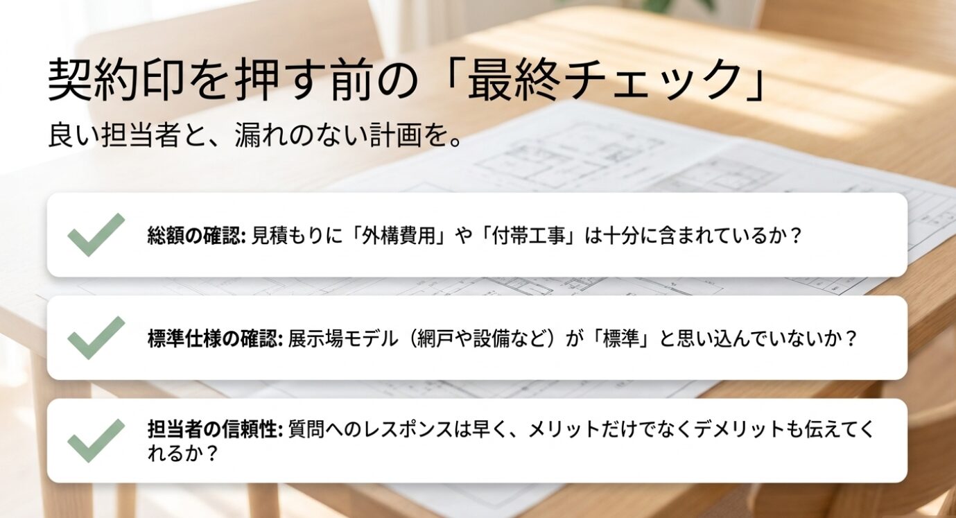 画像タイトル: 積水ハウスの契約前に確認したい総額・標準仕様・担当者の信頼性 代替テキスト: 積水ハウスで契約印を押す前に、外構費用や付帯工事を含む総額、網戸や設備などの標準仕様、担当者の信頼性を確認するチェックリストのスライド
