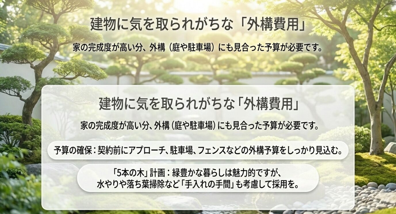 画像タイトル: 積水ハウスの外構費用と5本の木計画は管理の手間まで考える 代替テキスト: 積水ハウスの外構費用は庭や駐車場にも予算が必要で、5本の木計画は水やりや落ち葉掃除などの手入れも考えて採用することを示したスライド