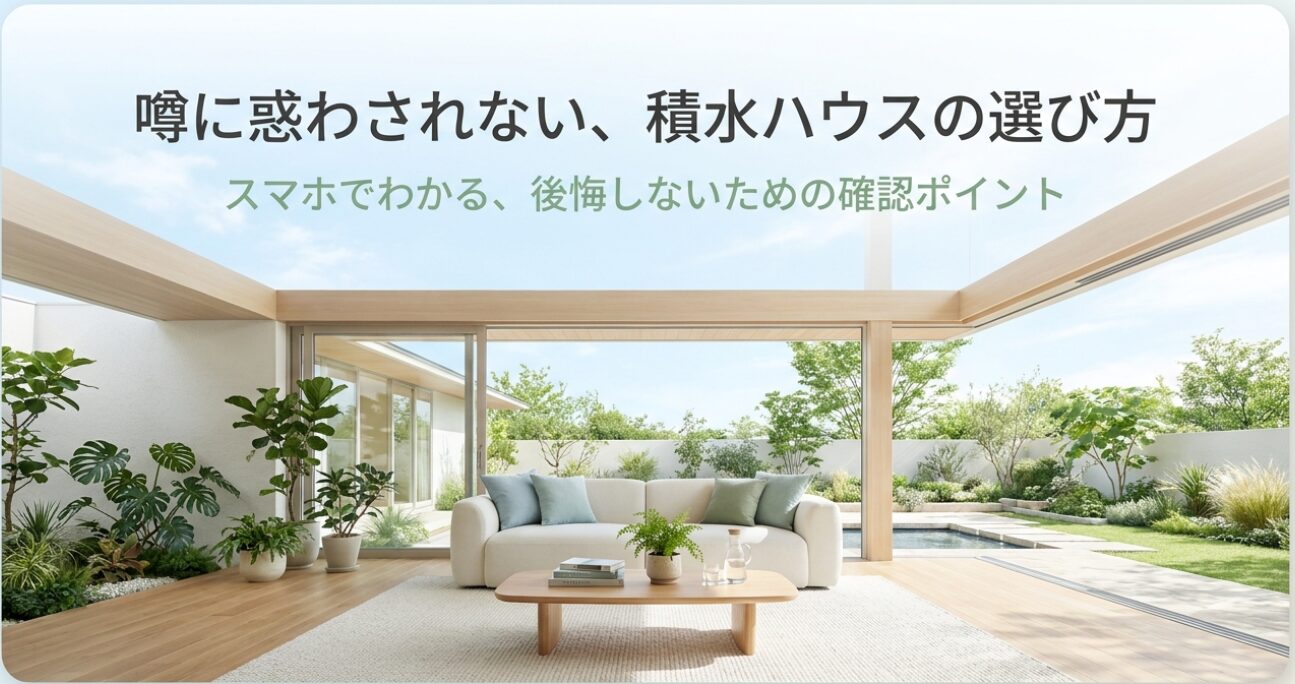 画像タイトル: 噂に惑わされない積水ハウスの選び方と後悔しない確認ポイント 代替テキスト: 積水ハウスを選ぶ前に、ネットの噂だけで判断せず、寒さや費用、暮らし方に合うかを確認する重要性を示したスライド