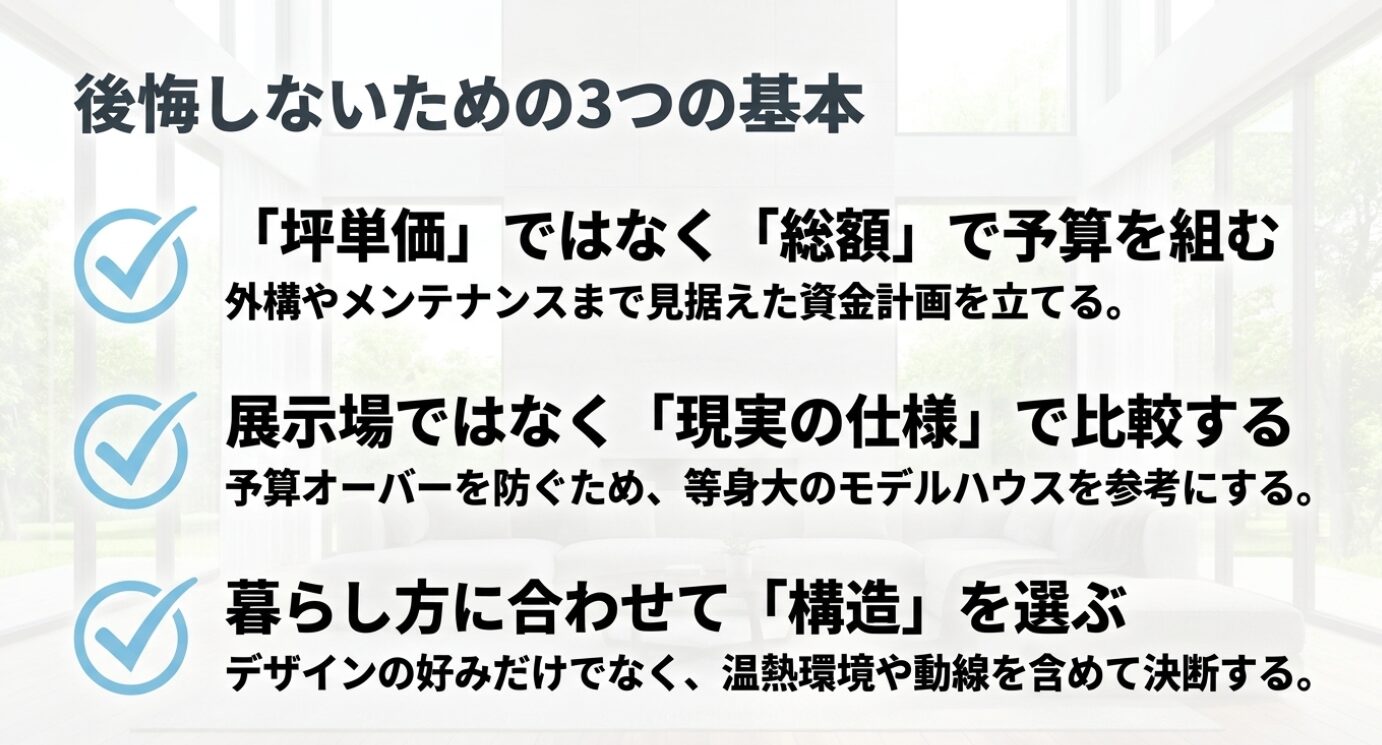 画像タイトル: 積水ハウスで後悔しないための予算・仕様・構造選びの基本 代替テキスト: 積水ハウスで後悔しないために、坪単価ではなく総額で予算を組み、展示場ではなく現実の仕様で比較し、暮らし方に合わせて構造を選ぶ基本をまとめたスライド