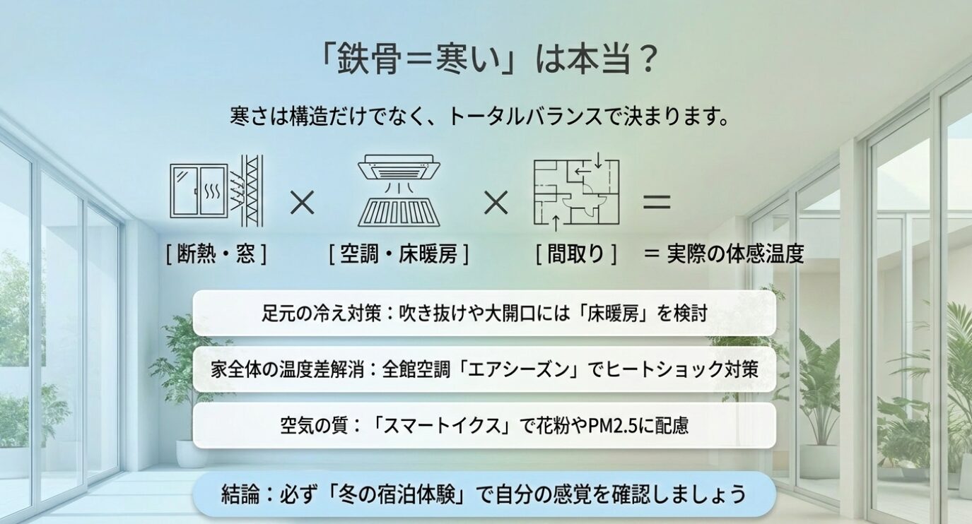 画像タイトル: 積水ハウスの鉄骨住宅の寒さは断熱・空調・間取りのバランスで決まる 代替テキスト: 鉄骨住宅の寒さを、断熱や窓、空調・床暖房、間取りの組み合わせで考え、全館空調やスマートイクスも含めて確認するスライド