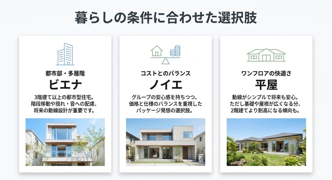 画像タイトル: 積水ハウスのビエナ・ノイエ・平屋を暮らしの条件で選ぶ 代替テキスト: 都市部や多層階向けのビエナ、コストとのバランスを重視するノイエ、ワンフロアで暮らしやすい平屋を比較したスライド