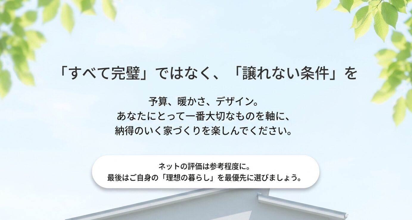 画像タイトル: 積水ハウス選びはすべて完璧ではなく譲れない条件を軸に考える 代替テキスト: 積水ハウスを選ぶときは、予算、暖かさ、デザインなど自分にとって一番大切な条件を軸にして納得できる家づくりを進めることを示したスライド