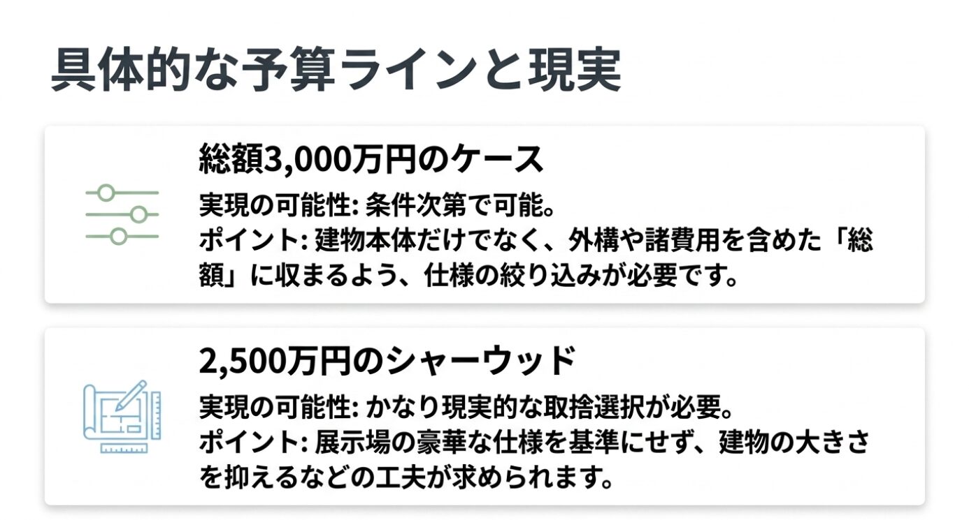 画像タイトル: 積水ハウスの3000万円台と2500万円シャーウッドの現実的な予算ライン 代替テキスト: 積水ハウスで総額3000万円のケースと2500万円のシャーウッドを検討する際に必要な条件や仕様調整をまとめたスライド