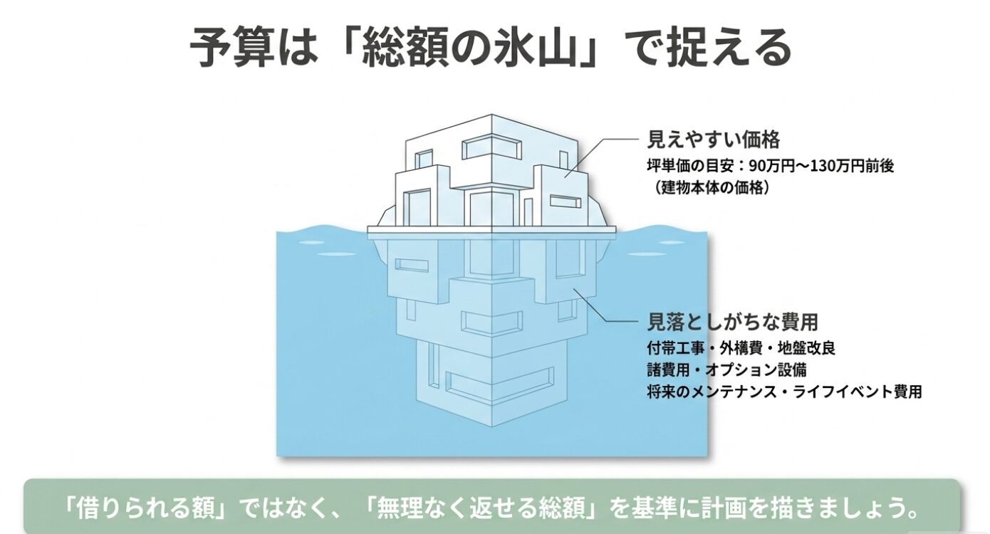 画像タイトル: 積水ハウスの予算は坪単価ではなく総額の氷山で考える 代替テキスト: 積水ハウスの予算を、見えやすい坪単価だけでなく付帯工事や外構、諸費用、将来費用まで含めた総額で考える重要性を示すスライド