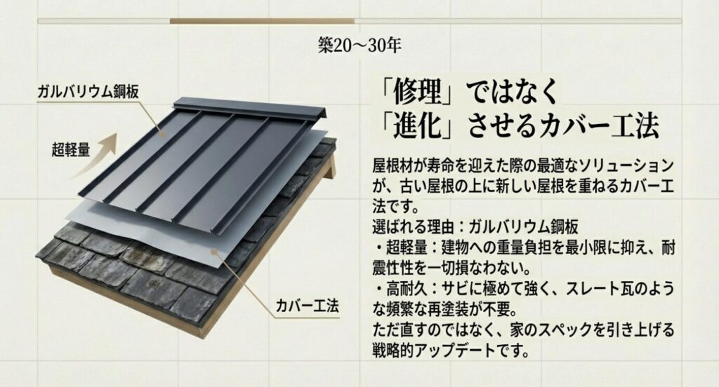画像タイトル: ガルバリウム鋼板によるカバー工法
代替テキスト: 屋根材が寿命を迎えた際の解決策として、建物の重量負担を抑える超軽量で高耐久なガルバリウム鋼板を用いたカバー工法を示す画像。
