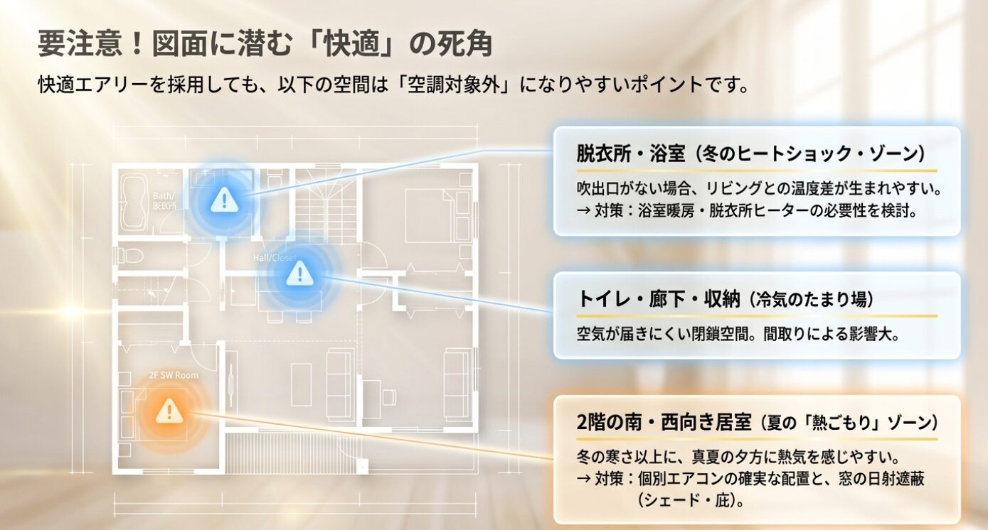 画像タイトル: 要注意！図面に潜む「快適」の死角 代替テキスト: 快適エアリーを採用しても空調対象外になりやすい脱衣所・浴室、トイレ・廊下、2階の南・西向き居室などの注意点