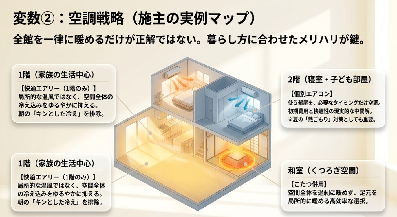 画像タイトル: 変数2：空調戦略（施主の実例マップ） 代替テキスト: 1階は快適エアリー、2階は個別エアコン、和室はこたつを使用する、暮らし方に合わせた空調戦略の実例マップ