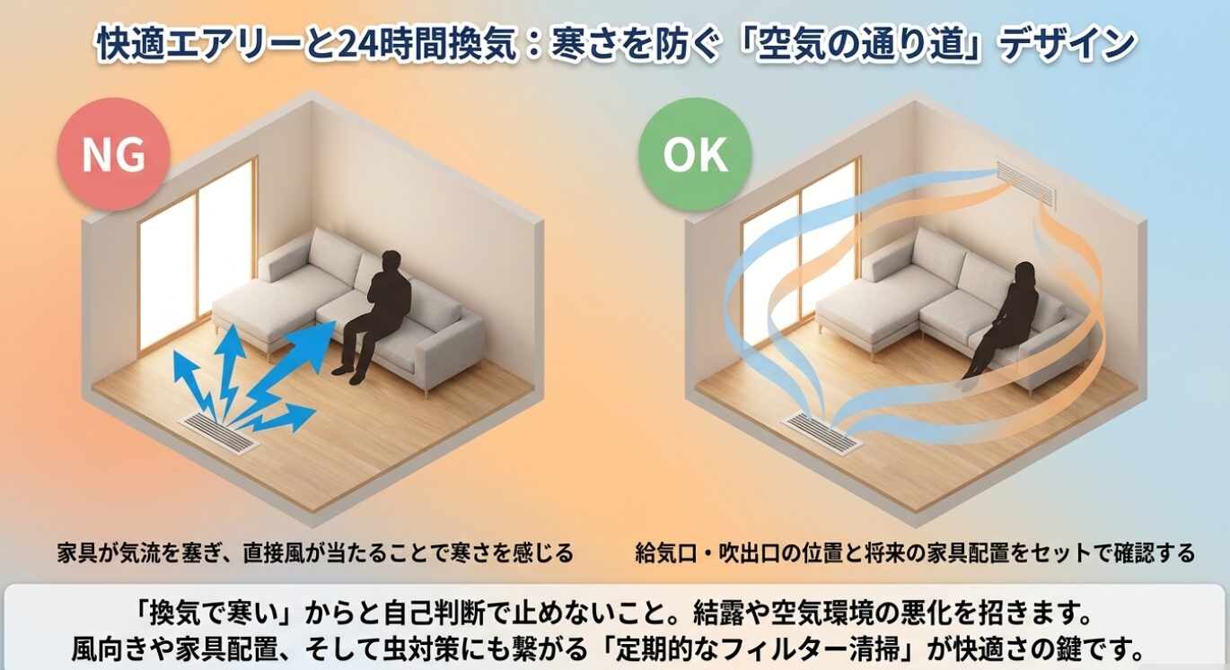 画像タイトル: 空気の通り道デザインと家具配置 代替テキスト: 家具が気流を塞ぐNG例と、空気がスムーズに循環するOK例を示した図