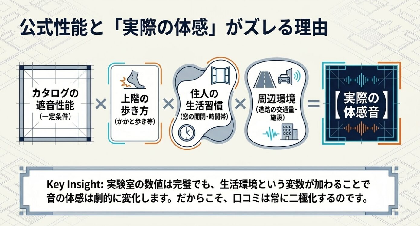 画像タイトル: カタログ性能と実際の体感音がずれる理由 代替テキスト: カタログの遮音性能に、住人の歩き方や生活習慣、周辺環境が掛け合わさって実際の体感音になることを示す図解