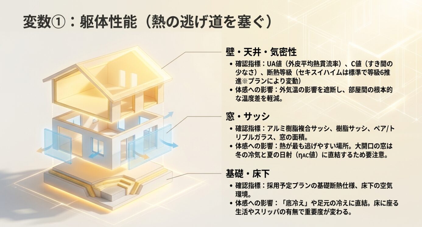 画像タイトル: 変数1：躯体性能（熱の逃げ道を塞ぐ） 代替テキスト: 壁・天井の気密性、窓・サッシ、基礎・床下など、外気の影響を遮断し熱の逃げ道を塞ぐための確認指標と体感への影響