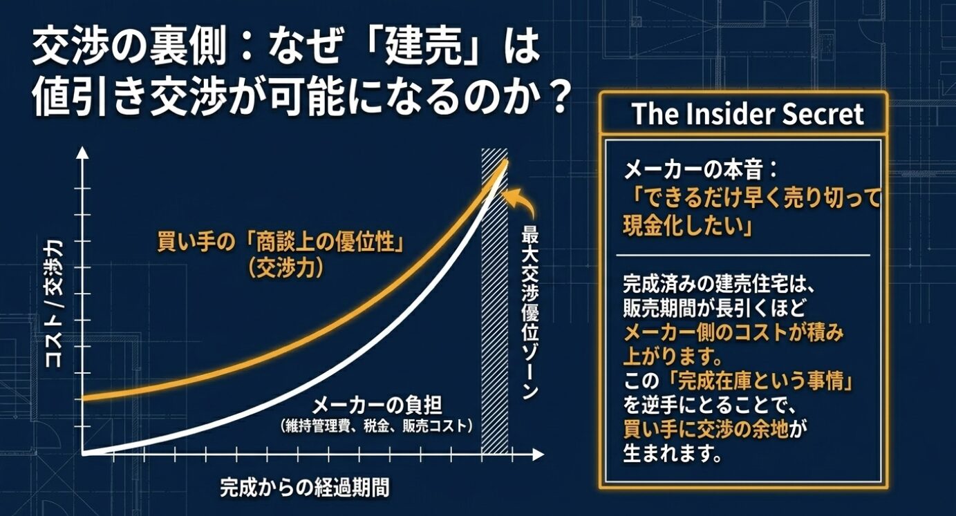 画像タイトル: 建売住宅の値引き交渉の裏側 代替テキスト: 完成からの経過期間に伴うメーカーの負担増と買い手の交渉力向上を示すグラフ
