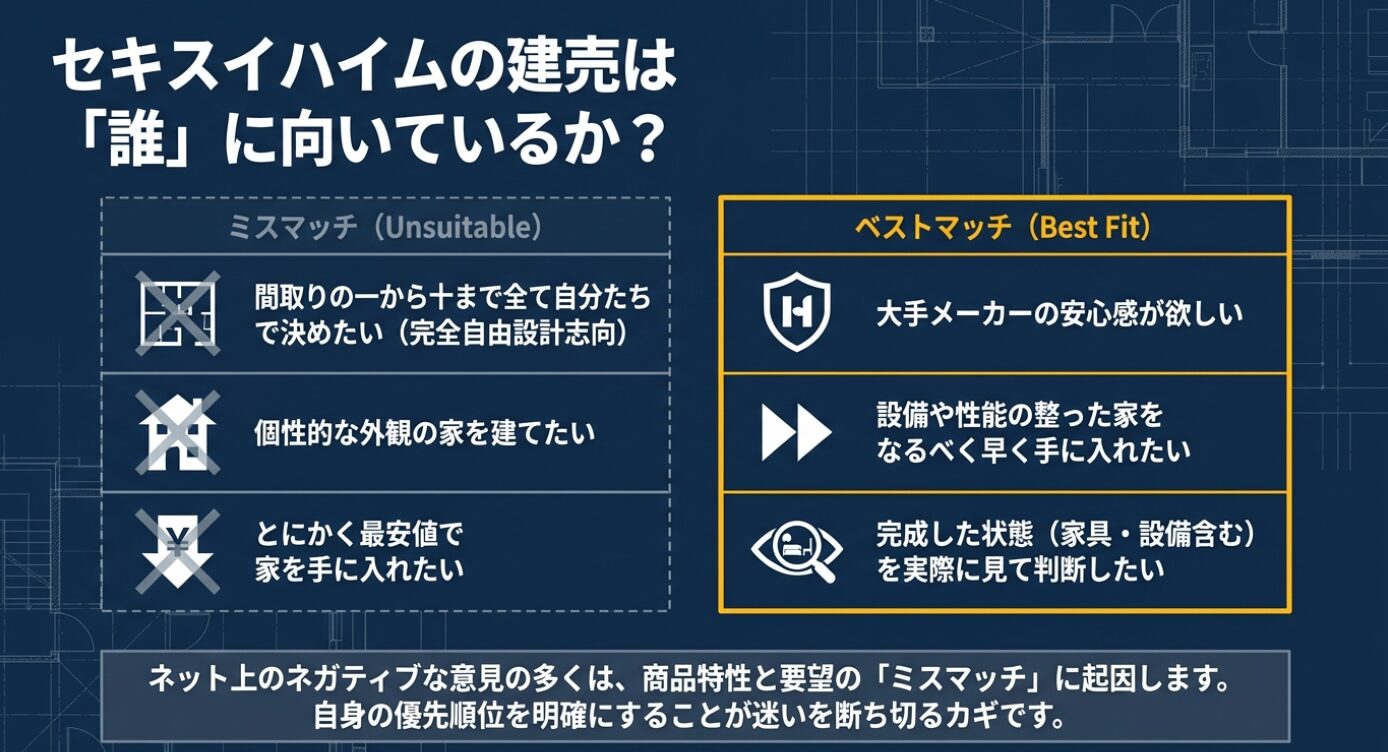 画像タイトル: 建売住宅の向き・不向き 代替テキスト: セキスイハイムの建売住宅における要望のミスマッチとベストマッチの比較図