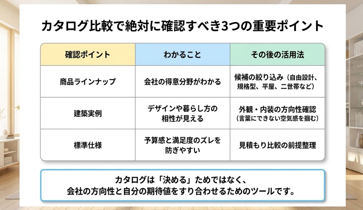 画像タイトル: カタログ比較で確認したい3つの重要ポイント 代替テキスト: カタログ比較で特に確認したい商品ラインナップ、建築実例、標準仕様の3項目と、それぞれでわかることや活用法を整理した表