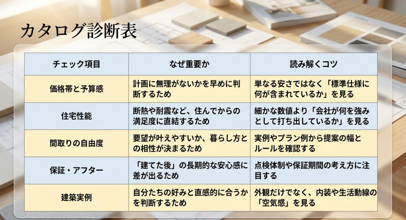 画像タイトル: カタログ比較で確認したい診断表 代替テキスト: 価格帯と予算感、住宅性能、間取りの自由度、保証アフター、建築実例の5項目を比較するための診断表スライド
