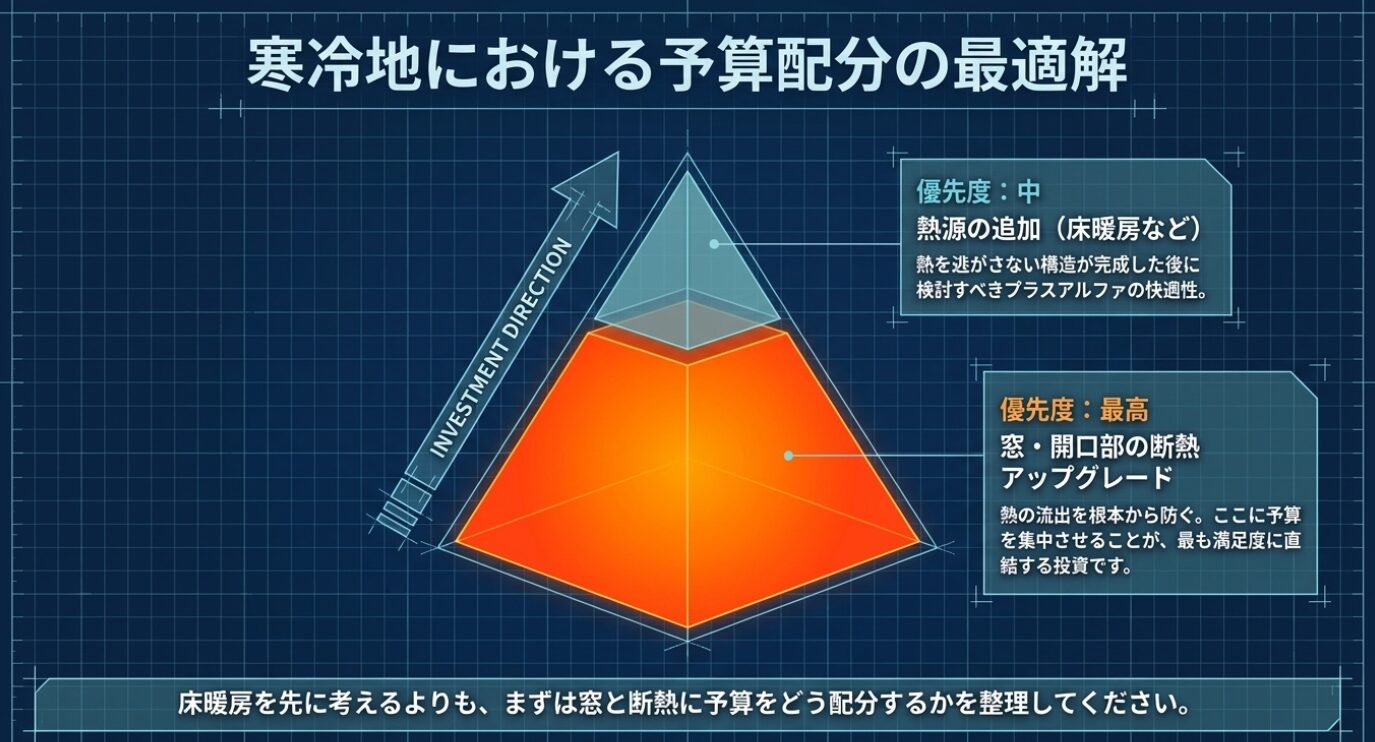 画像タイトル: 寒冷地における予算配分の最適解 代替テキスト: 床暖房などの熱源追加よりも、まずは窓や開口部の断熱アップグレードに予算を集中させるべきことを示すピラミッド図