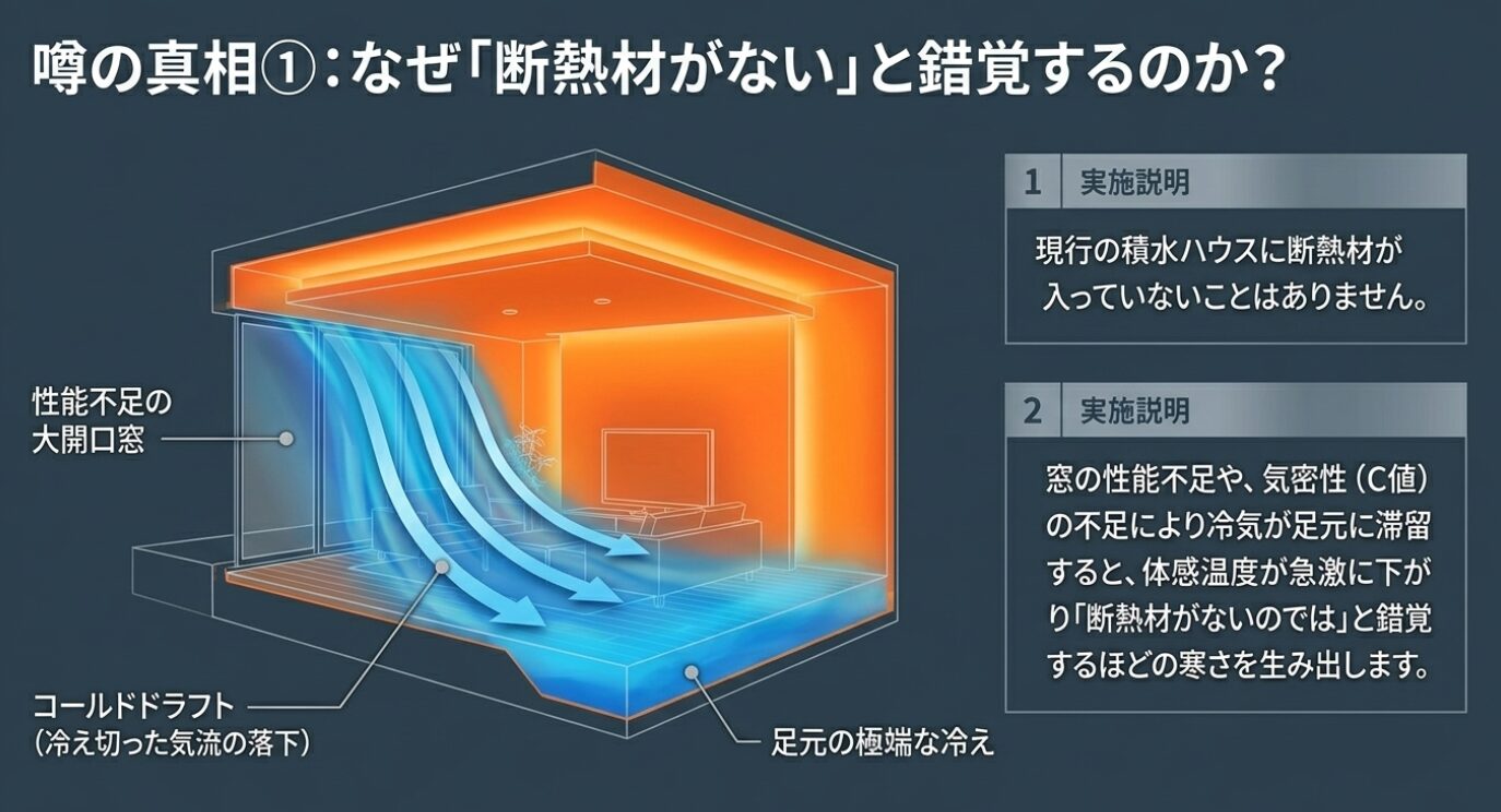 画像タイトル: 断熱材がないと錯覚する理由とコールドドラフト 代替テキスト: 性能不足の大開口窓から冷気が落下するコールドドラフト現象により足元が冷える仕組みの解説図