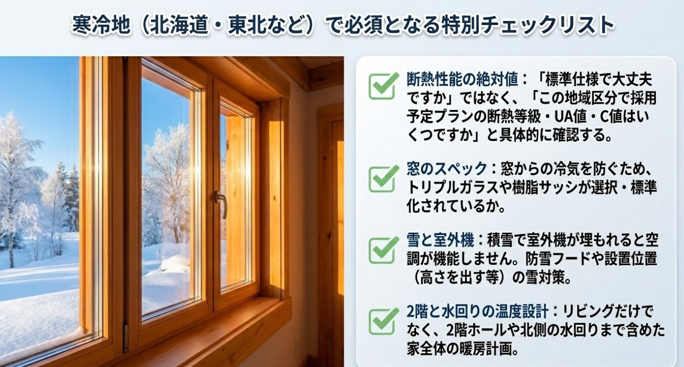 画像タイトル: 寒冷地で必須となる特別チェックリスト 代替テキスト: 断熱性能の絶対値、窓のスペック、雪と室外機、2階と水回りの温度設計など寒冷地向けチェックリスト