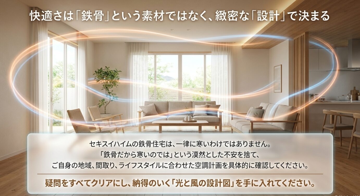画像タイトル: 快適さは緻密な設計で決まる 代替テキスト: 鉄骨という素材ではなく、地域や間取りに合わせた緻密な空調計画や設計で快適さが決まるという結論図