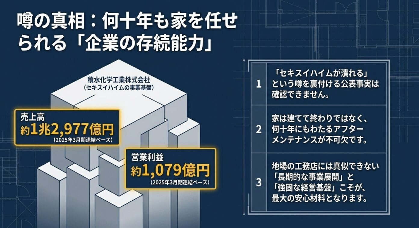 画像タイトル: 長期的な事業展開と経営基盤 代替テキスト: 積水化学工業の売上高と営業利益から見る何十年も家を任せられる企業の存続能力
