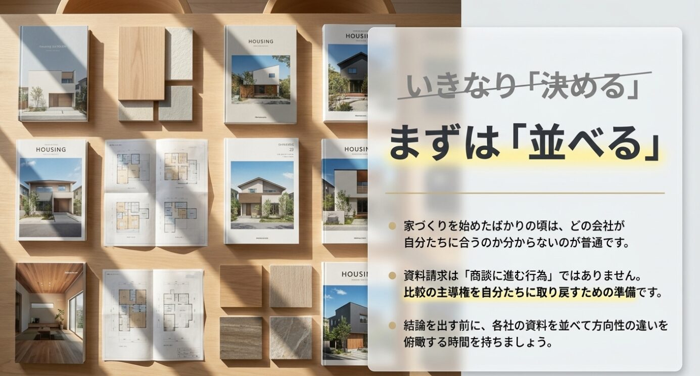 画像タイトル: まずは決めるより並べるという比較の基本 代替テキスト: 家づくり初期は結論を急がず、各社の資料を並べて方向性の違いを俯瞰することが大切だと示したスライド