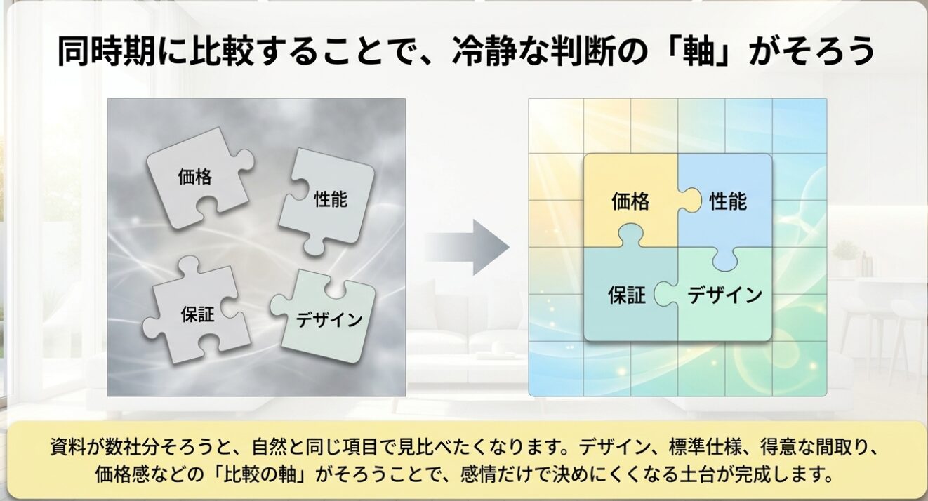 画像タイトル: 同時比較で価格や性能の比較軸がそろう 代替テキスト: 複数社の資料を同時期に比較すると、価格、性能、保証、デザインなどの判断軸がそろい、感情だけで決めにくくなることを示した図