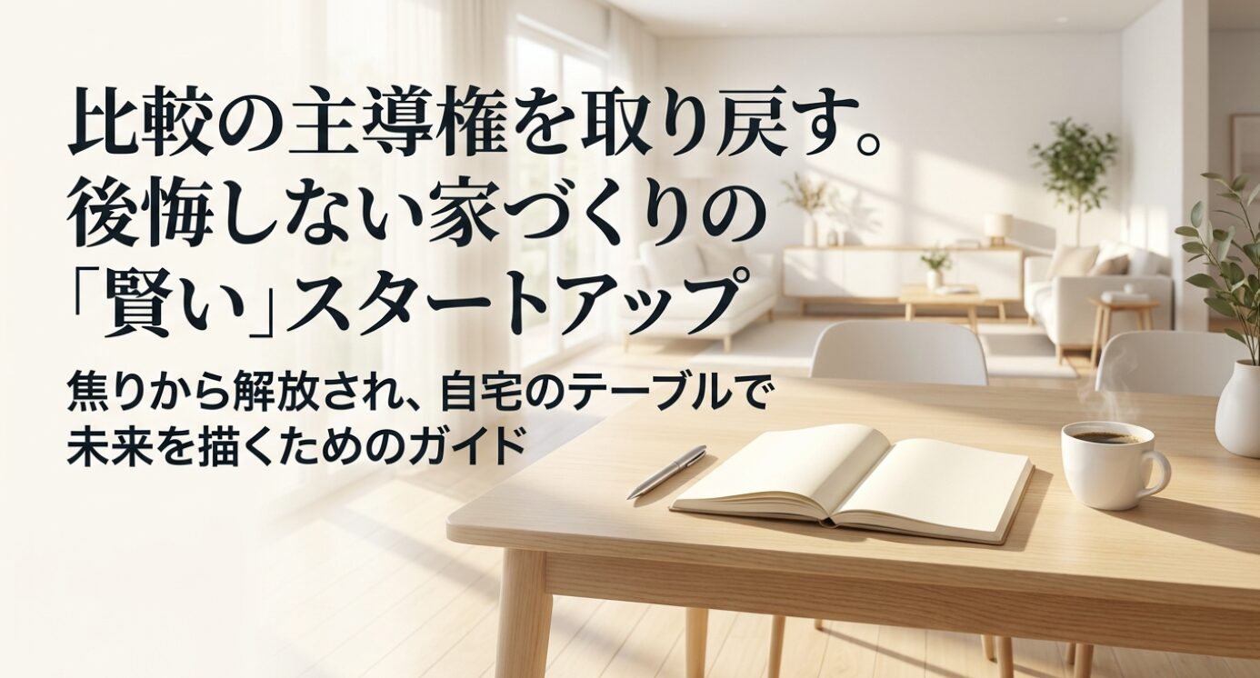 画像タイトル: 比較の主導権を取り戻す家づくりのスタート 代替テキスト: 比較の主導権を取り戻し、焦らず自宅で家づくりを始めるという後半全体のテーマを示した導入スライド