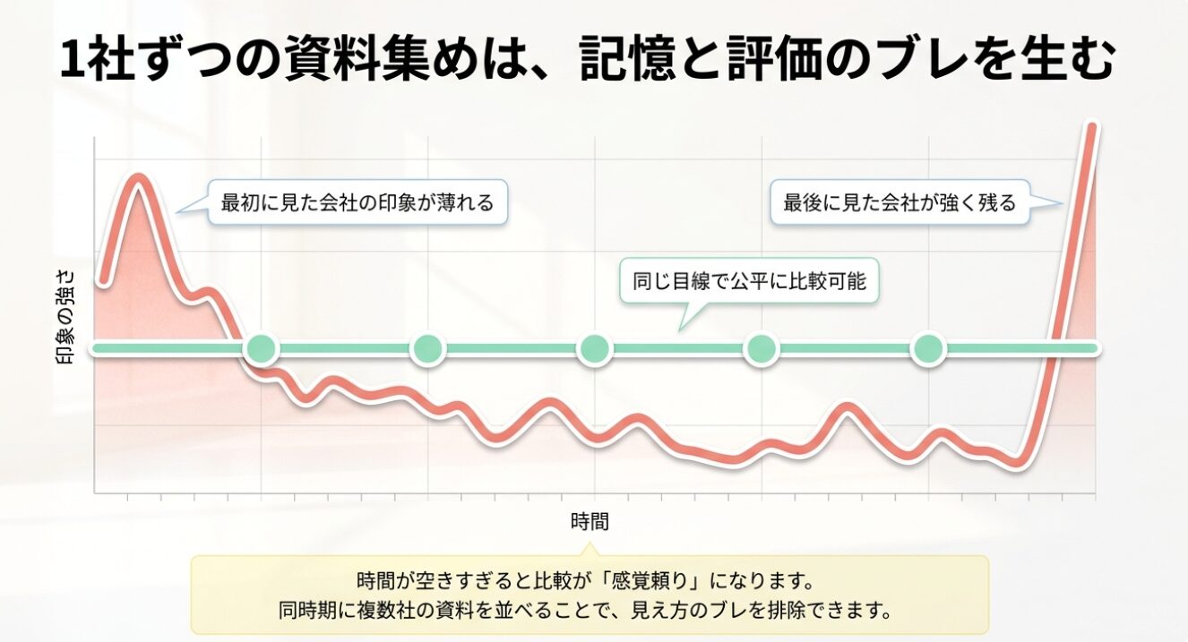画像タイトル: 1社ずつ資料を集めると比較がぶれる理由 代替テキスト: 1社ずつ資料を集めると、最初に見た会社の印象が薄れ、最後に見た会社の印象が強く残りやすいことを示した比較ブレの図