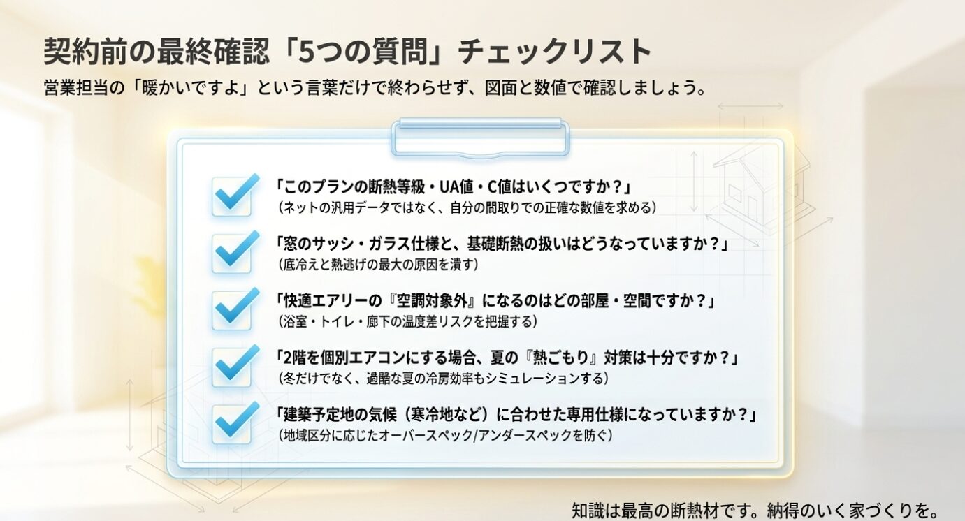 画像タイトル: 契約前の最終確認「5つの質問」チェックリスト 代替テキスト: 契約前に営業担当へ確認すべき、断熱等級・UA値・C値、窓・基礎断熱、空調対象外エリア、夏の熱ごもり対策、寒冷地仕様の5つの質問リスト