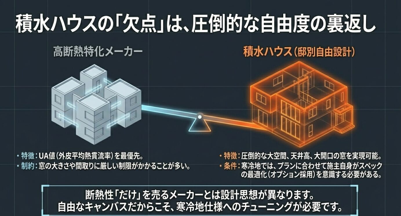 画像タイトル: 積水ハウスの圧倒的な自由度と設計思想 代替テキスト: 高断熱特化メーカーと積水ハウスの邸別自由設計の違いを天秤で比較した図