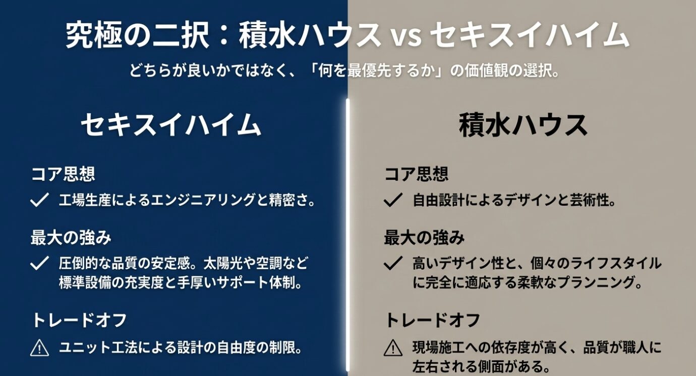 画像タイトル: コア思想とトレードオフの比較 代替テキスト: 自由設計と工場生産のコア思想とトレードオフの比較表