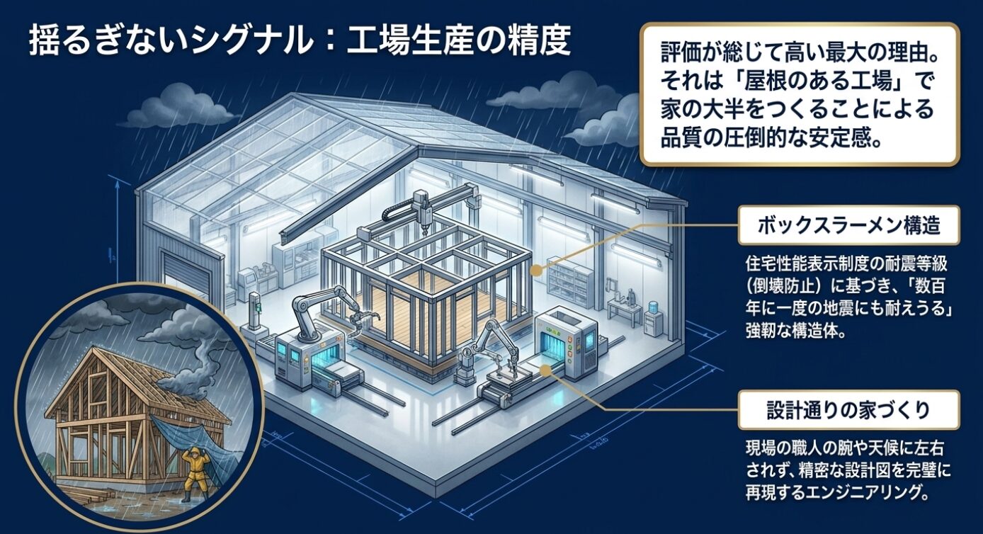 画像タイトル: 工場生産の精度と強靭な構造体 代替テキスト: 屋根のある工場での生産の強みとボックスラーメン構造の解説