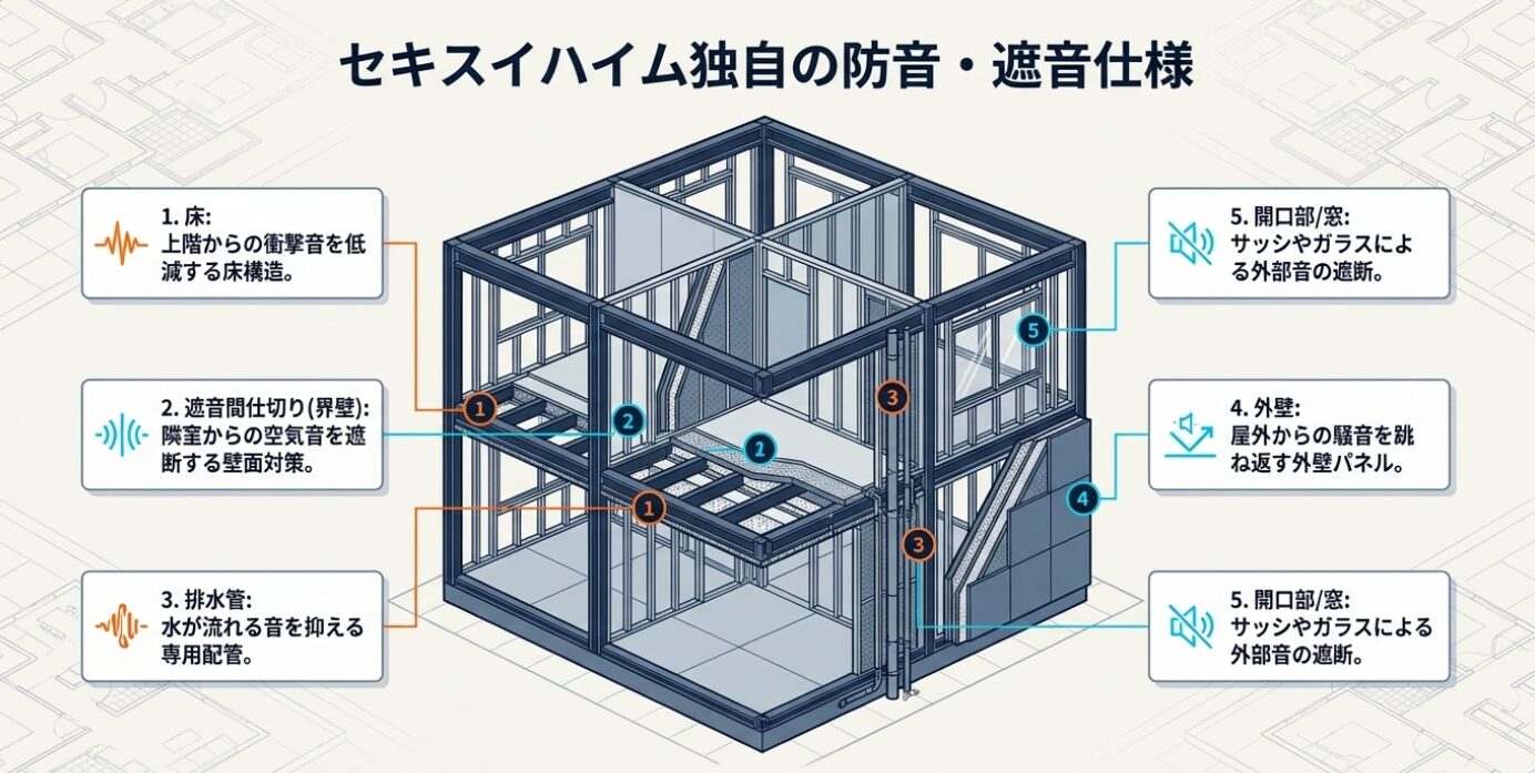 画像タイトル: カタログ性能と実際の体感音がずれる理由 代替テキスト: カタログの遮音性能に、住人の歩き方や生活習慣、周辺環境が掛け合わさって実際の体感音になることを示す図解