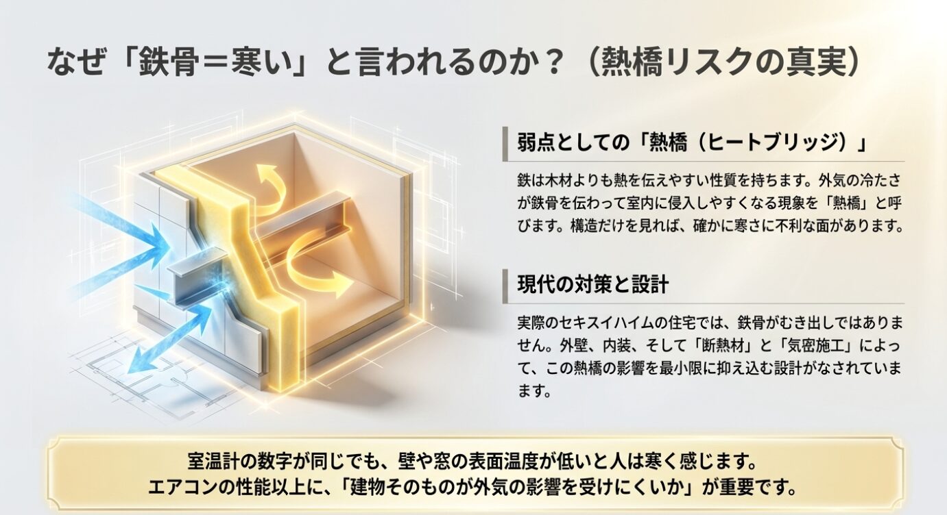 画像タイトル: なぜ鉄骨は寒いと言われるのか？熱橋リスクの真実 代替テキスト: 鉄は木材より熱を伝えやすい熱橋（ヒートブリッジ）現象と、断熱材と気密施工による現代の対策を説明した図