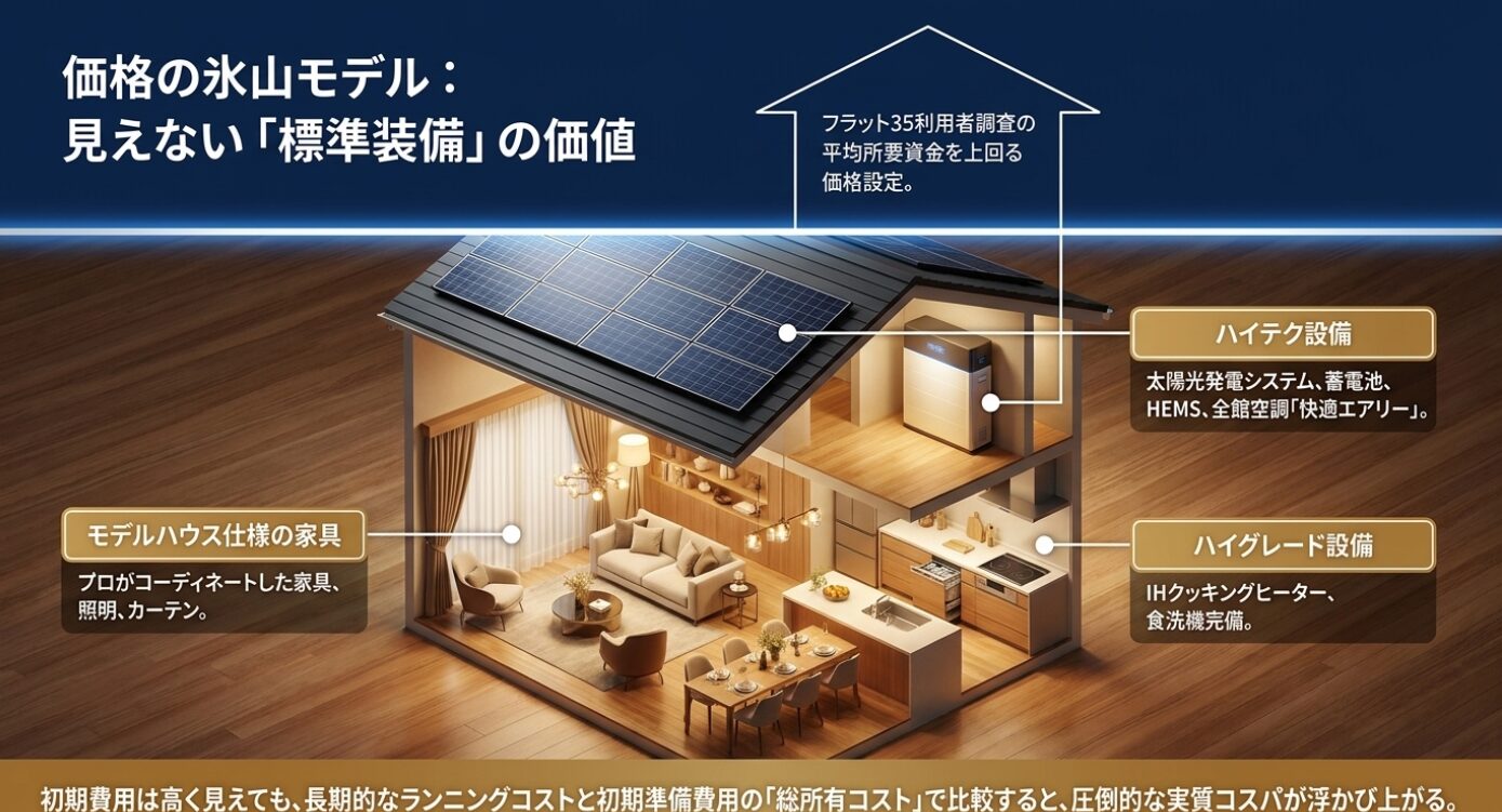 画像タイトル: 価格の氷山モデルと標準装備 代替テキスト: 家具やハイテク設備など見えない標準装備の価値を示す価格の氷山モデル図