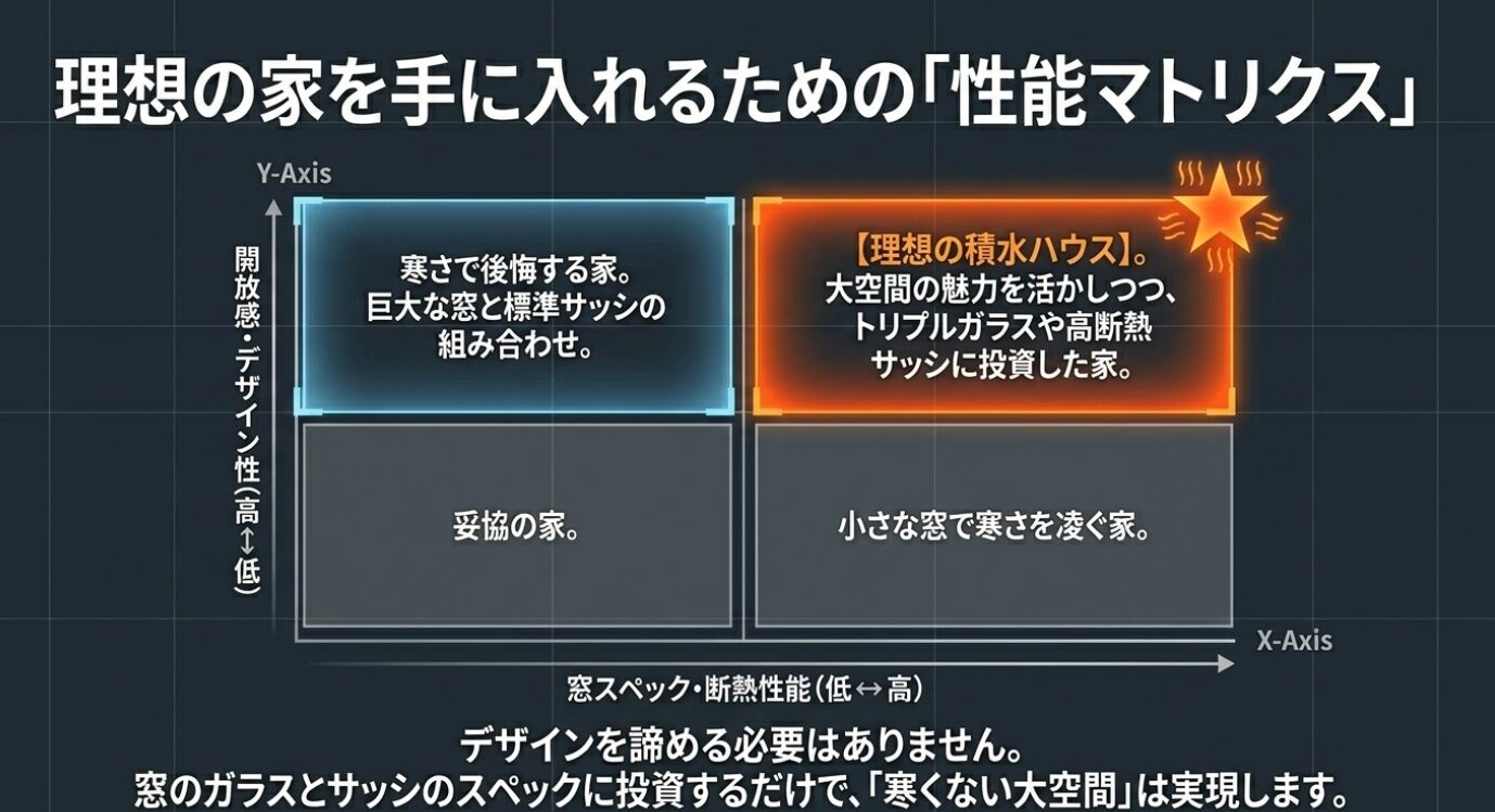 画像タイトル: 理想の家を手に入れるための性能マトリクス 代替テキスト: 開放感・デザイン性と窓スペック・断熱性能の2軸で理想の積水ハウスを位置づけたマトリクス図