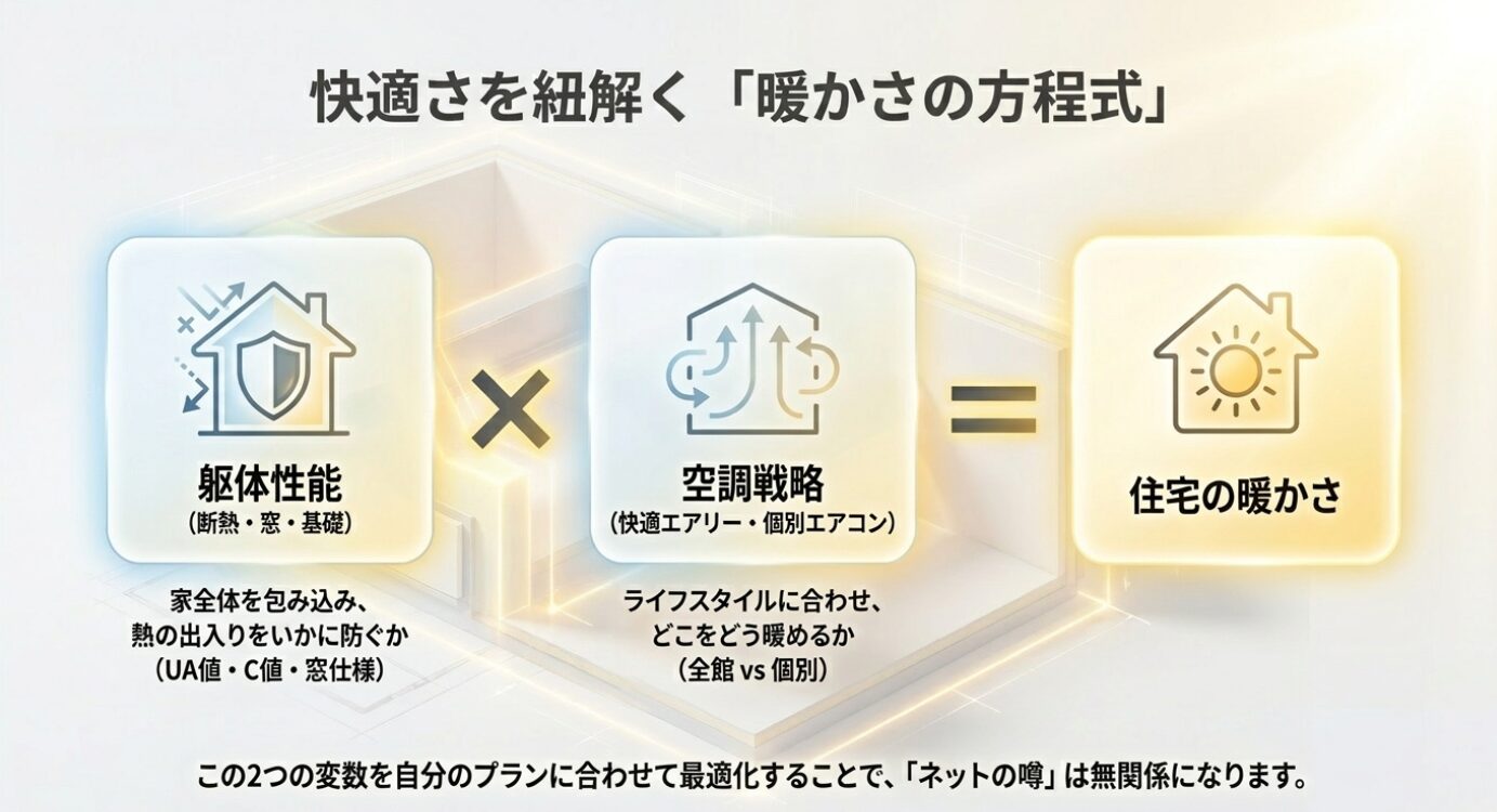 画像タイトル: 快適さを紐解く「暖かさの方程式」 代替テキスト: 躯体性能（断熱・窓・基礎）と空調戦略（快適エアリー・個別エアコン）を掛け合わせて住宅の暖かさが決まる方程式の図