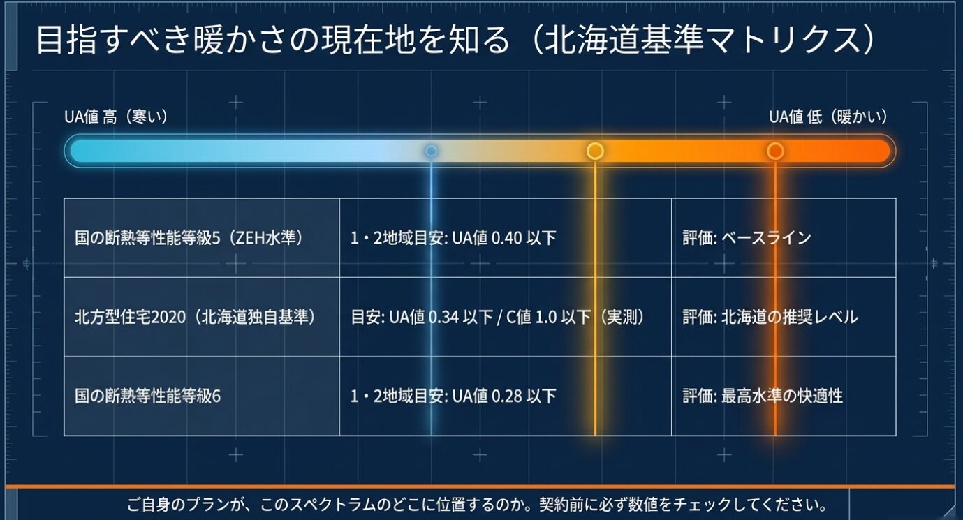 画像タイトル: 北海道の断熱基準マトリクス 代替テキスト: 国の断熱等性能等級や北海道独自の北方型住宅2020におけるUA値の目安を比較した表
