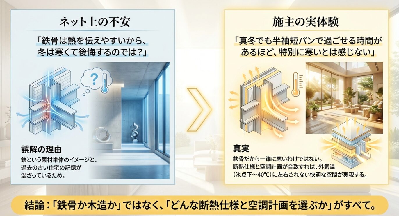 画像タイトル: セキスイハイムが寒いと言われる誤解の理由と真実 代替テキスト: 鉄という素材のイメージや過去の住宅の記憶による誤解と、断熱仕様と空調計画による真実の対比図