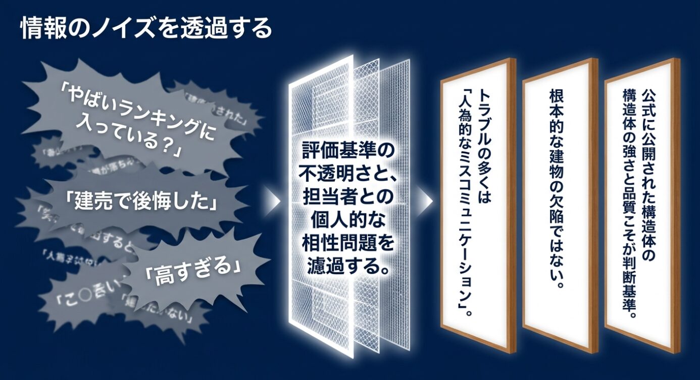 画像タイトル: ネットのノイズと真の評価基準 代替テキスト: やばいランキングなどネットのノイズを解体し客観的に評価する図解