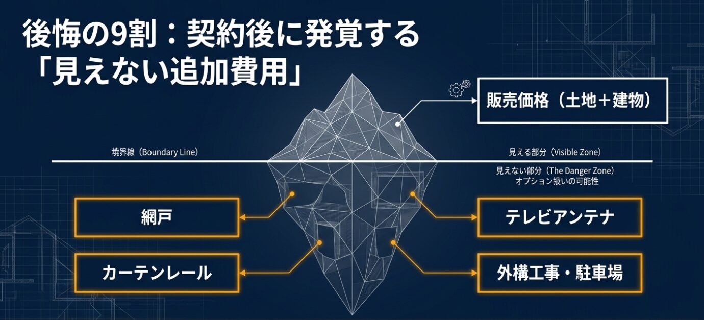 画像タイトル: 契約後に発覚する見えない追加費用 代替テキスト: 販売価格の境界線とオプション扱いになる見えない追加費用を示す氷山モデル図