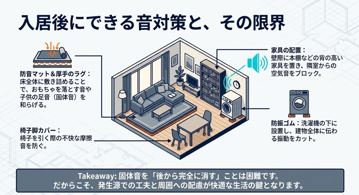 画像タイトル: 内見時の防音環境チェックポイント 代替テキスト: 共用部との距離、窓と外部環境、管理体制、夜間の環境など、内見時に確認すべき防音チェックリスト