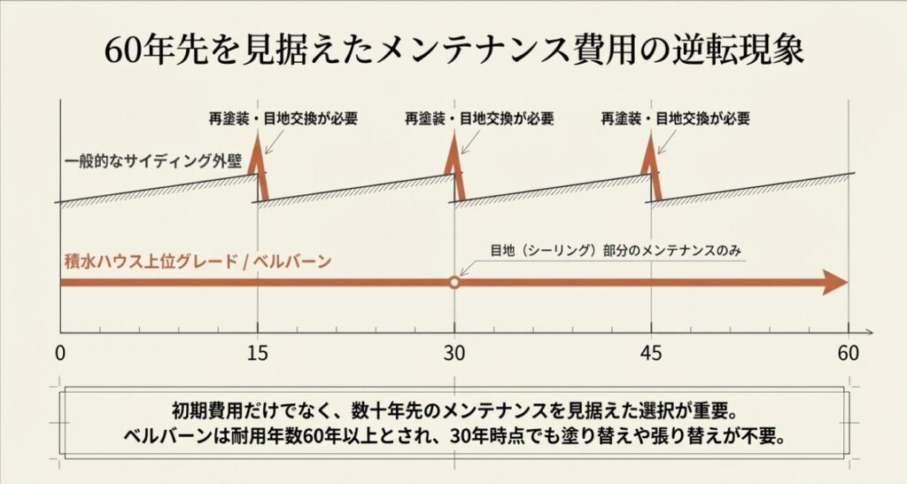 画像タイトル: ベルバーンの60年メンテナンス費用比較
代替テキスト: 一般的なサイディング外壁と積水ハウスのベルバーンにおける60年間のメンテナンス費用の違いを示すグラフ