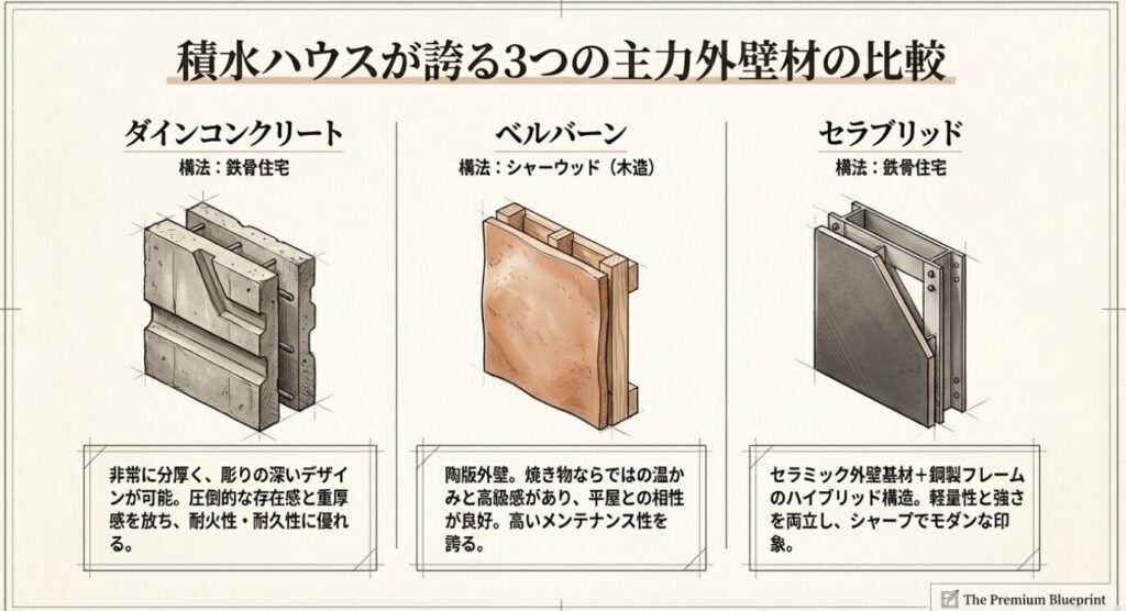 画像タイトル: 積水ハウスの3つの主力外壁材
代替テキスト: 積水ハウスの主力外壁材であるダインコンクリート、ベルバーン、セラブリッドの特徴を比較した図